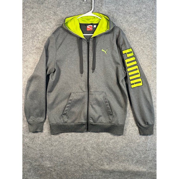 Puma Gray Full Zip Hoodie Jacket Activewear Mens Large Neon Trim Sweatshirt - Picture 1 of 7